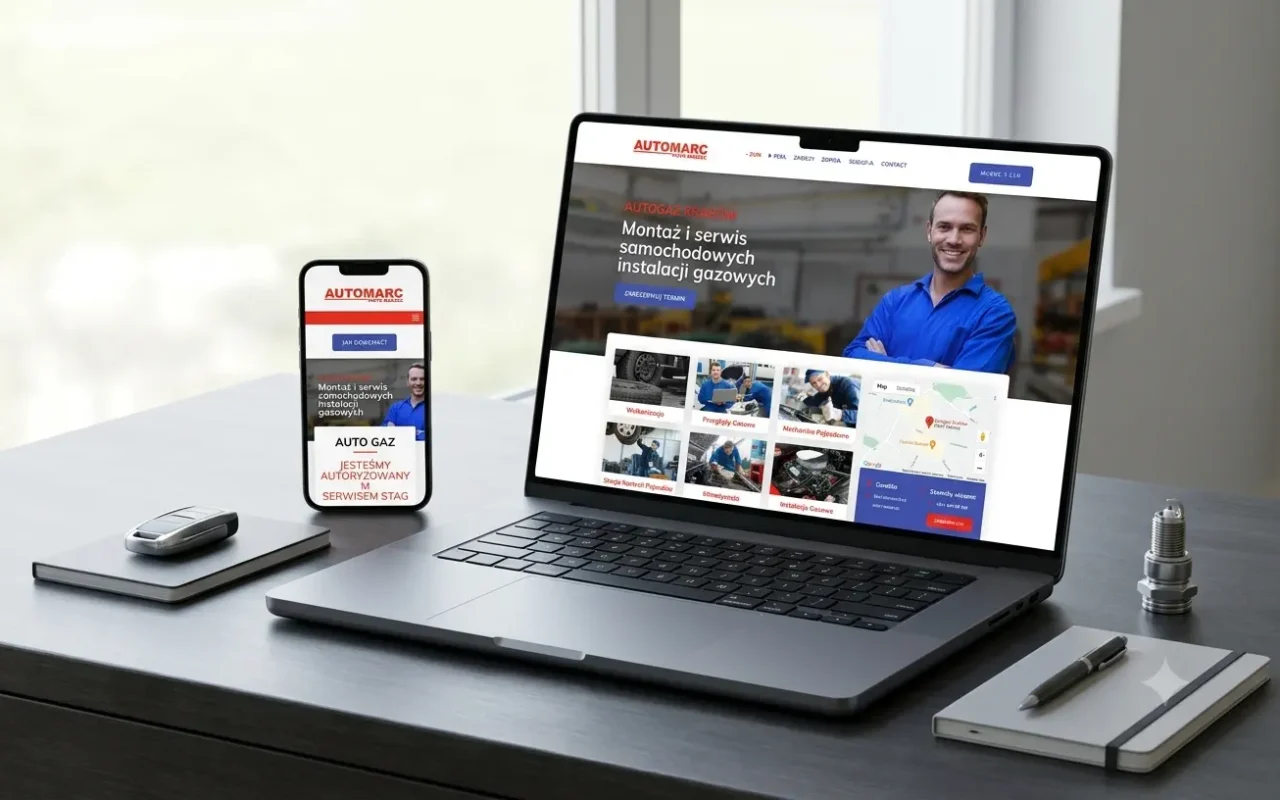 Mockup strony AutoMarc.pl na laptopie i telefonie