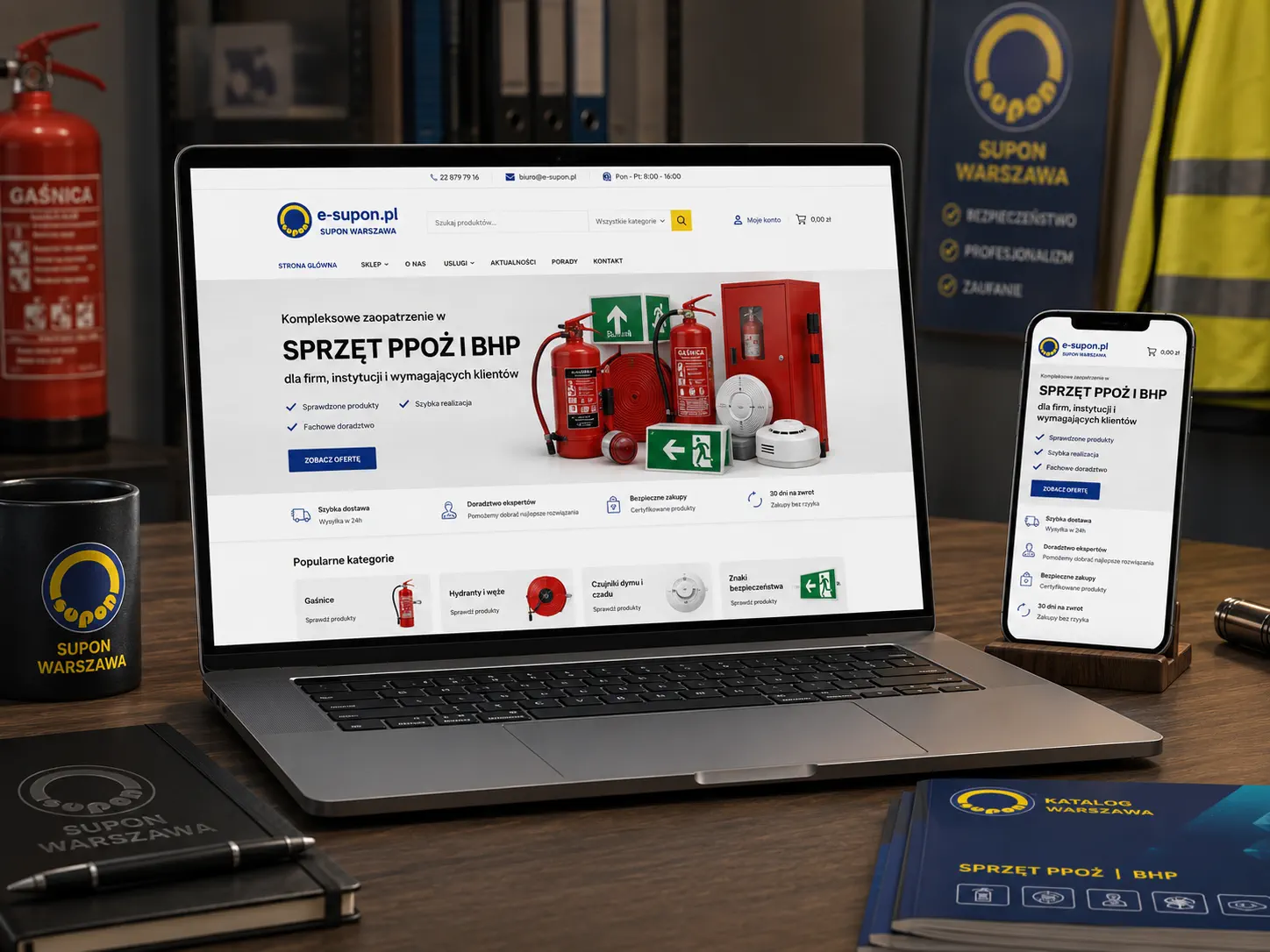 Mockup sklepu e-supon.pl na laptopie i telefonie, pokazujący stronę główną sklepu PPOŻ i BHP. Scena w klimacie bezpieczeństwa technicznego: biurko, laptop, telefon, gaśnica, elementy BHP, granatowo-żółty branding e-supon.pl, profesjonalny charakter sklepu specjalistycznego.