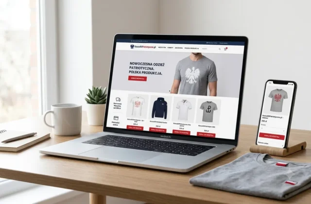 Mockup of the KoszulkiPatriotyczne.pl online store on laptop and phone