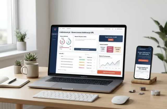 Mockup platformy SEO LinkIndexer.pl na laptopie i telefonie