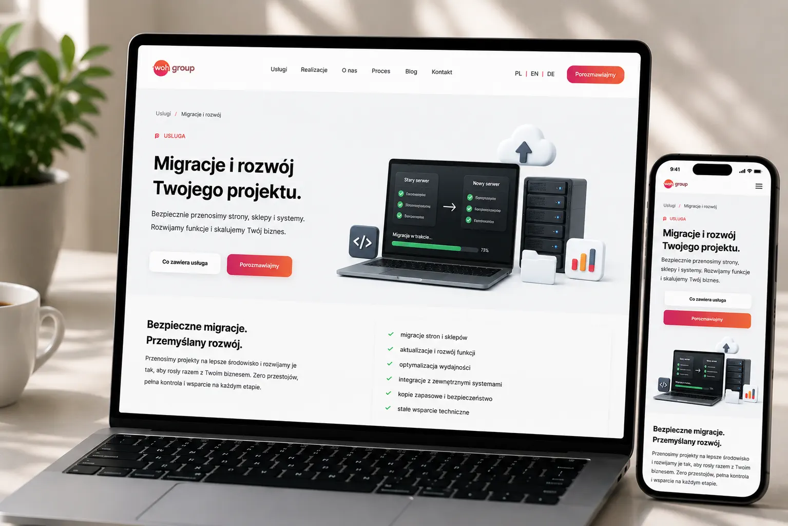 WOH GROUP Migrations and Development page displayed on a laptop in a bright, modern interior