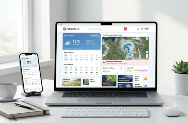 Mockup portalu pogodowego Pogodynka.net na laptopie i telefonie