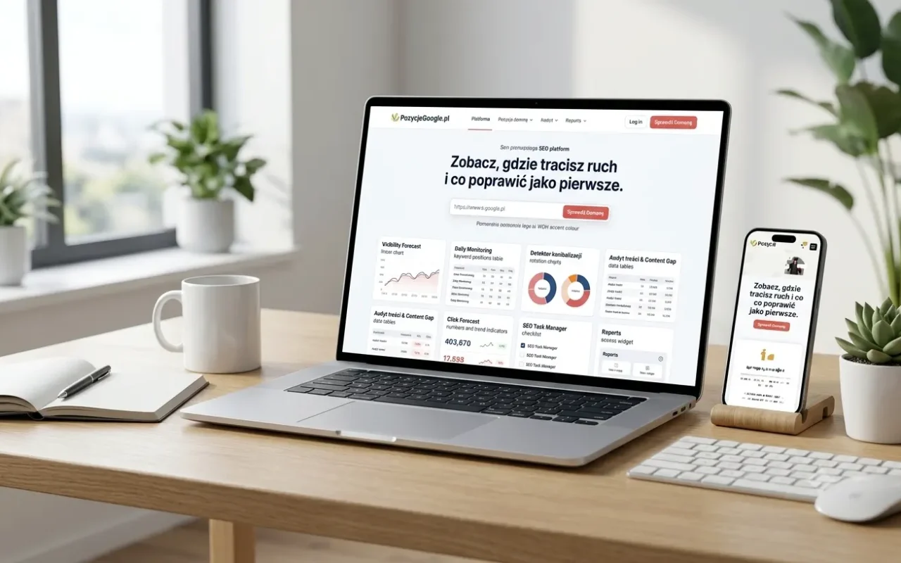 Mockup platformy SEO PozycjeGoogle.pl na laptopie i telefonie