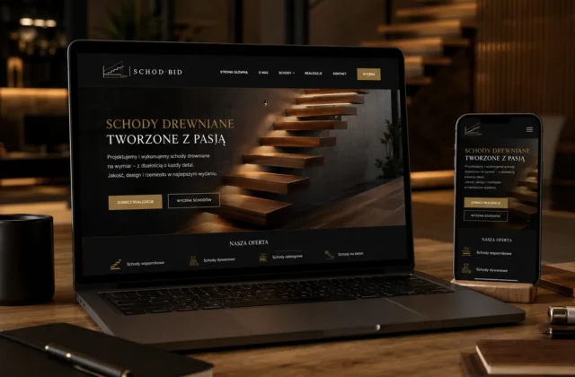 Mockup strony SCHOD-BID na laptopie i telefonie, pokazujący widok strony głównej lub realizacji schodów. Styl: eleganckie wnętrze z drewnem, laptop, telefon, ciepłe światło, premium look, detale stolarskie.