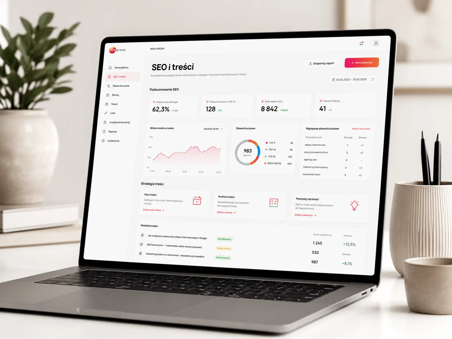 WOH GROUP SEO and content section page displayed on a laptop in a bright, modern interior