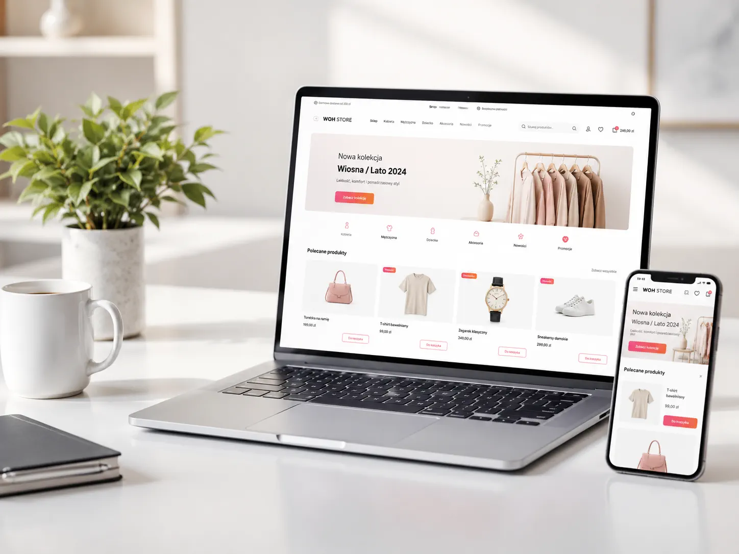 WOH GROUP online store displayed on a laptop in a bright, modern interior