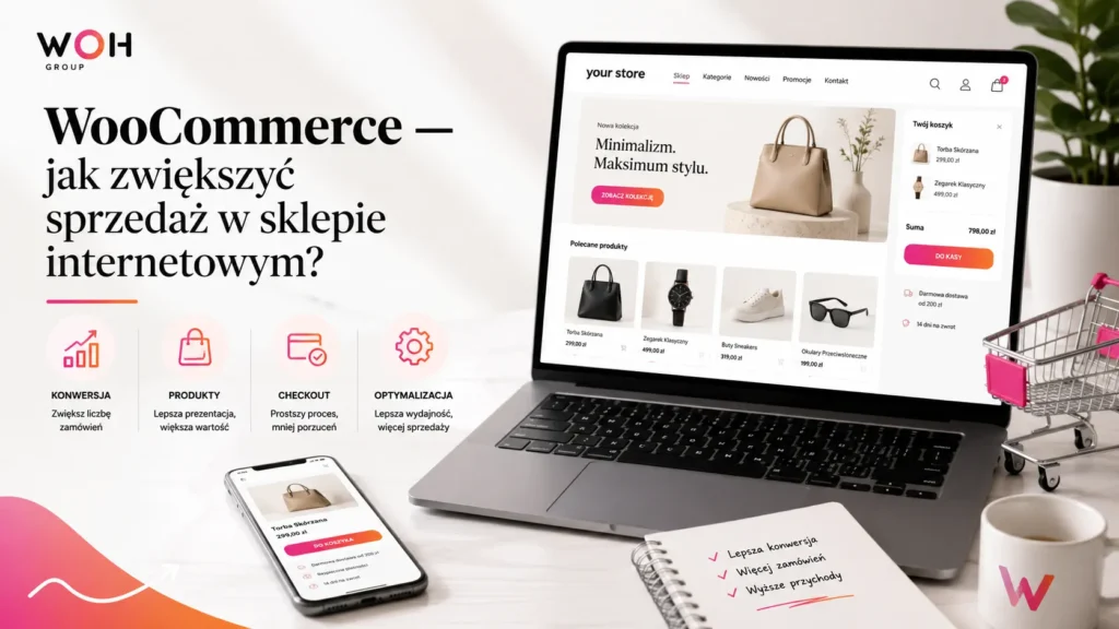 Laptop i telefon z widokiem sklepu WooCommerce oraz koszyka zakupowego