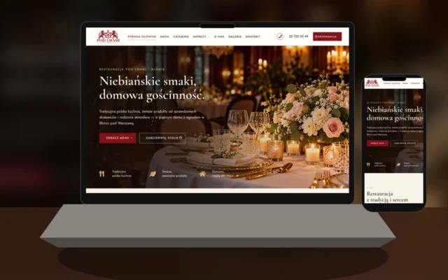 Mockup strony internetowej Restauracji Pod Lwami w Błoniu na laptopie i telefonie