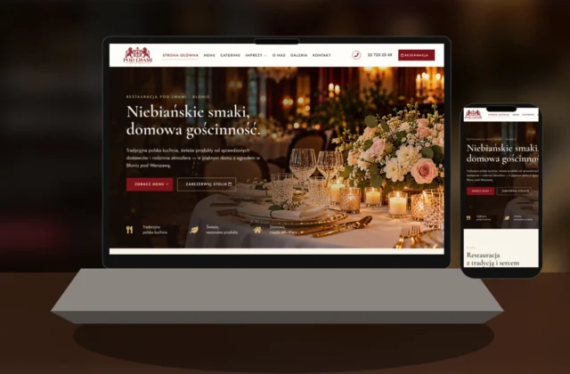 Mockup strony internetowej Restauracji Pod Lwami w Błoniu na laptopie i telefonie