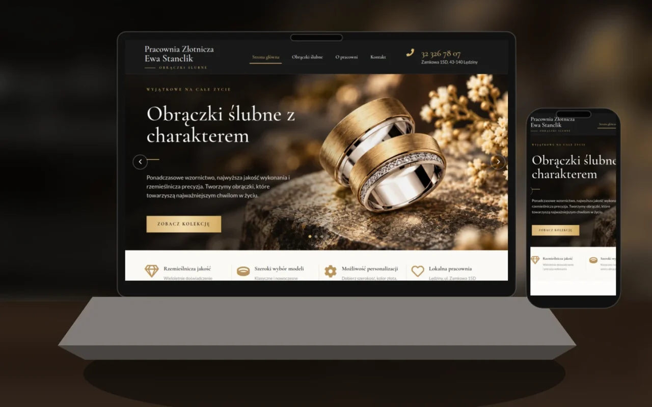Mockup strony internetowej Pracowni Złotniczej Ewa Stanclik na laptopie i telefonie